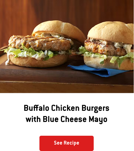 Buffalo Chicken Burgers with Blue Cheese Mayo