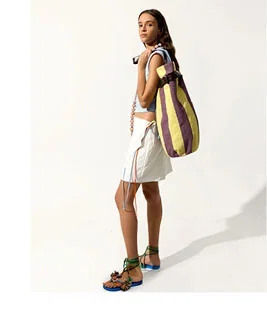 Cylindrical shoulder bag with stripes