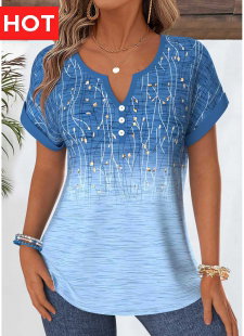 Blue Ombre Tummy Coverage Short Sleeve Split Neck Blouse