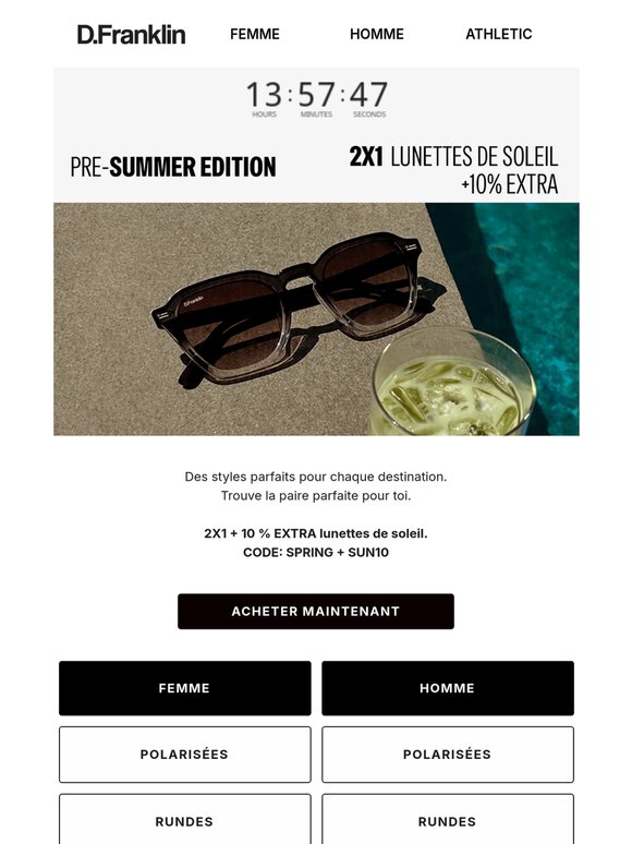 🚨 2X1 + 10% EXTRA sur les lunettes de soleil