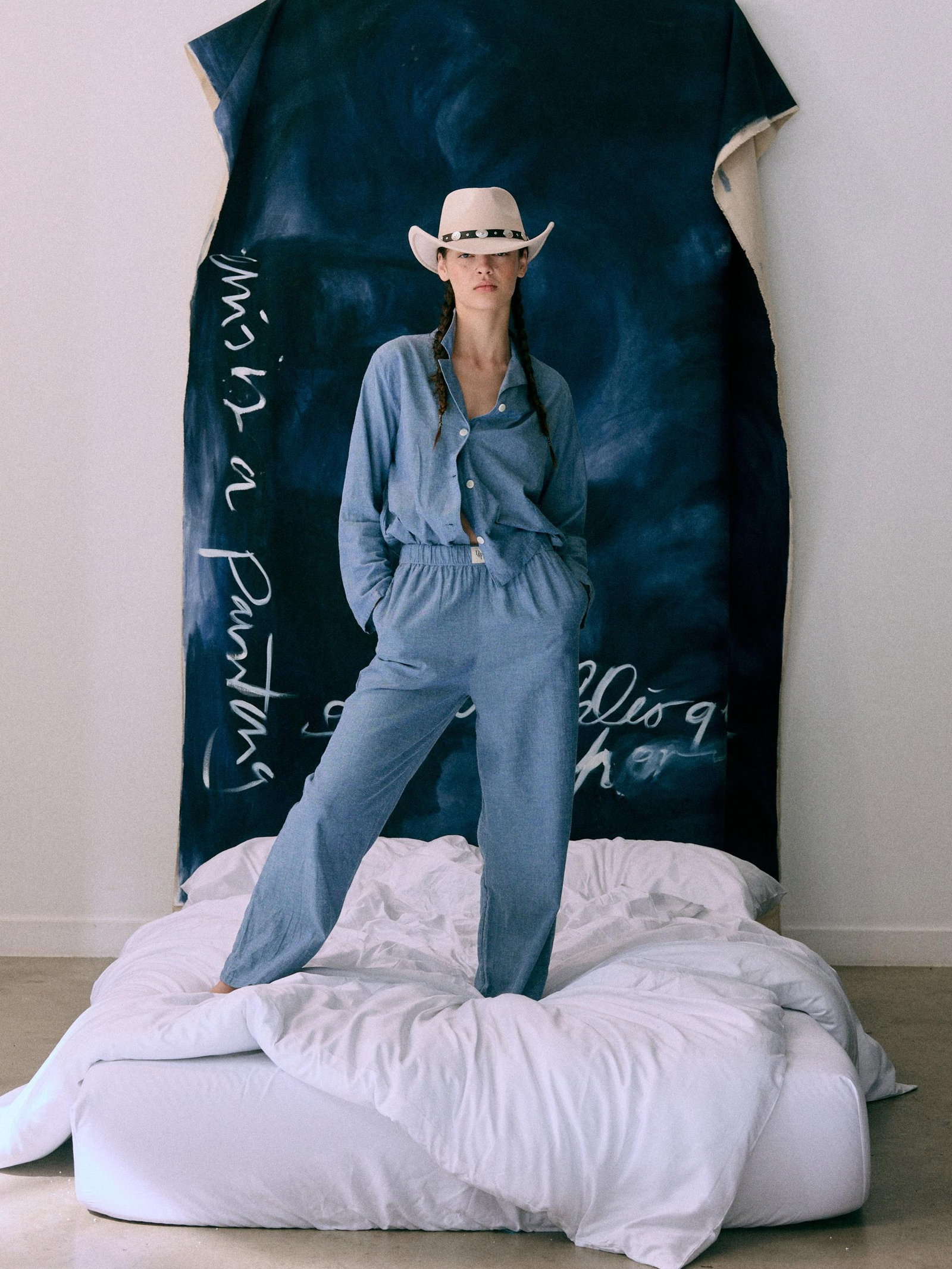 Woman in the Womens 402 Long Set Chambray Blue