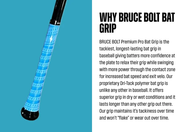 Why Bruce Bolt Bat Grip. BRUCE BOLT Premium Pro Bat Grip is the tackiest, longest-lasting bat grip in baseball giving batters more confidence at the plate to relax their grip while swinging with more power through the contact zone for increased bat speed and exit velo. Our proprietary Dri-Tack polymer bat grip is unlike any other in baseball. It offers superior grip in dry or wet conditions and it lasts longer than any other grip out there. Our grip maintains it’s tackiness over time and won’t “