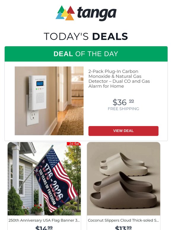 2-Pack Plug-In CO & Natural Gas Detector Dual Alarm | 250th Anniversary USA Flag 3x5 | Coconut Cloud Thick-Sole Sandals
