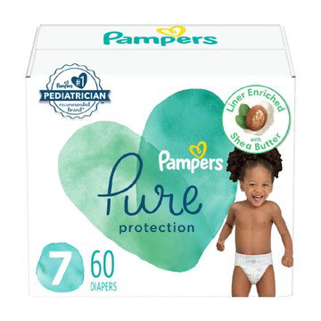 Pampers Pure Protection Diapers Size 7, 60ct Shea Butter Liner Premium Cott