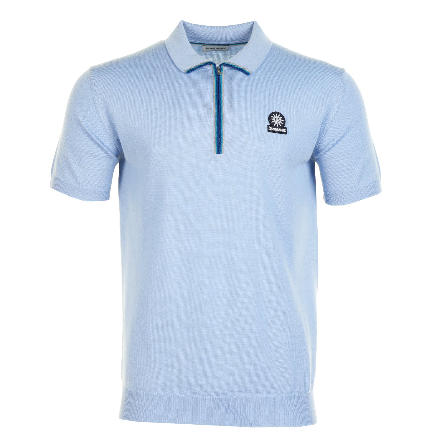 Image of SANDBANKS<BR>SS Colour Stripe Knitted Zip Polo Shirt Dusty Blue