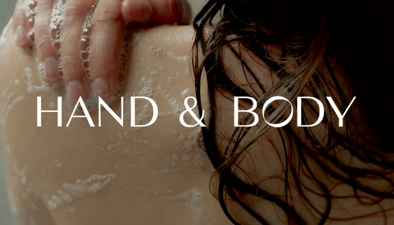 Text overlay on an image of a hand washing a body with soap and water.
