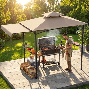 Costway 11 x 5 FT Grill BBQ Gazebo w/ Side Awning Double-Tiered Top 2 Side Shelves