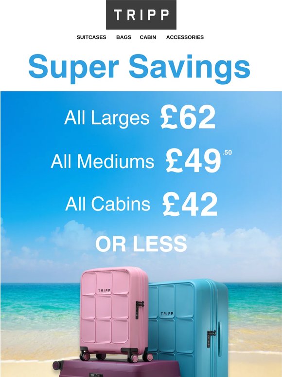Spring Savings! All Larges £62, All Mediums £49.50, All Cabins £42 Or Less