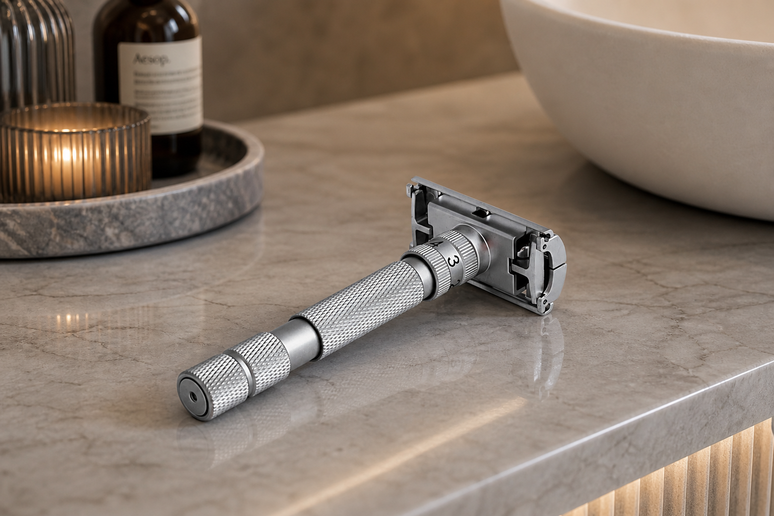 Rockwell razor in matching stand on a bathroom counter