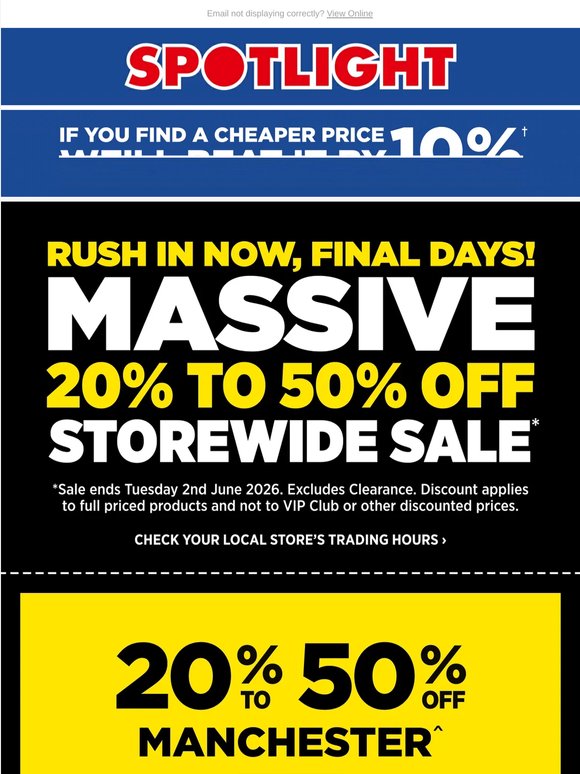 DON'T MISS OUT, 20%-50% OFF STOREWIDE SALE ENDS TOMORROW!