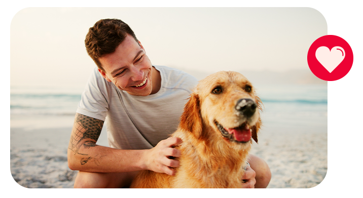 Mann sitzt mit einem Hund am Strand und streichelt ihn liebevoll.