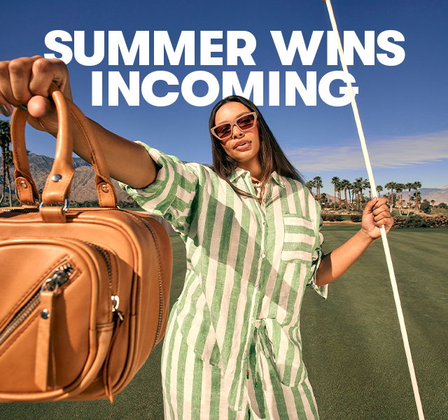 A model wearing a striped green co-ord and a tan leathe bag with the title 'Summer wins incoming'.