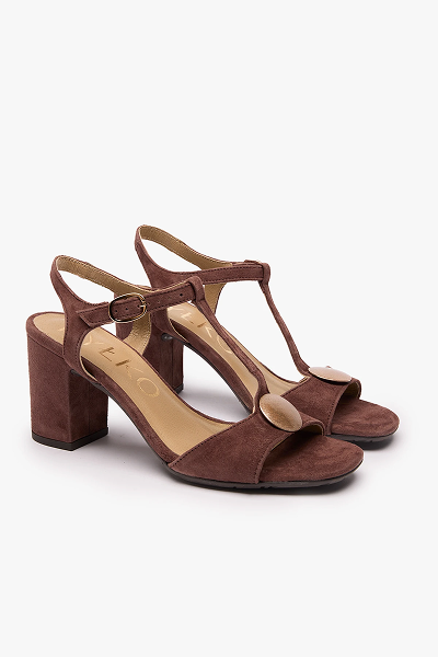 Brown suede block heel sandals with ankle strap on white background
