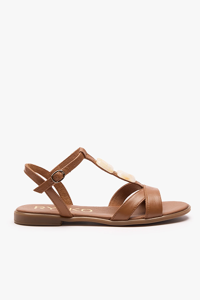 Brown leather sandal with ankle strap and decorative stones on white background