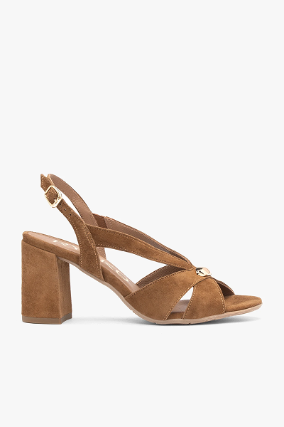 Brown suede block heel sandal with ankle strap and gold buckle detail
