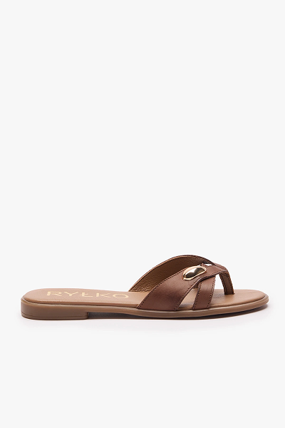 Brown leather sandal with gold buckle detail on white background