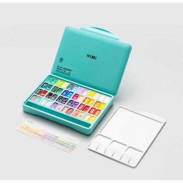 HIMI Twin Cup Gouache in Green Case 12g Set of 48 Assorted Colours + 3 Brushes