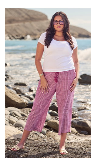 Culotte Rose, rayas, mezcla de lino, pernera ancha