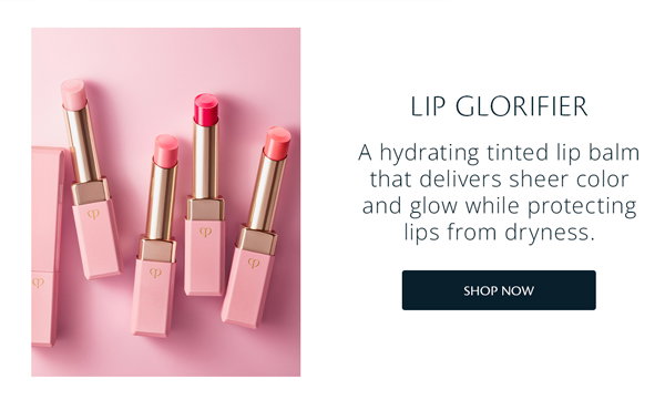 LIP GLORIFIER A hydrating tinted lip balm that delivers sheer color and glow while protecting lips from dryness.