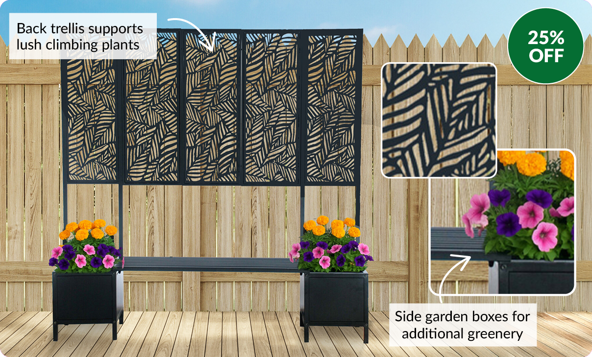 25% off. Back trellis supports climbing plants, side garden boxes for additional greenery