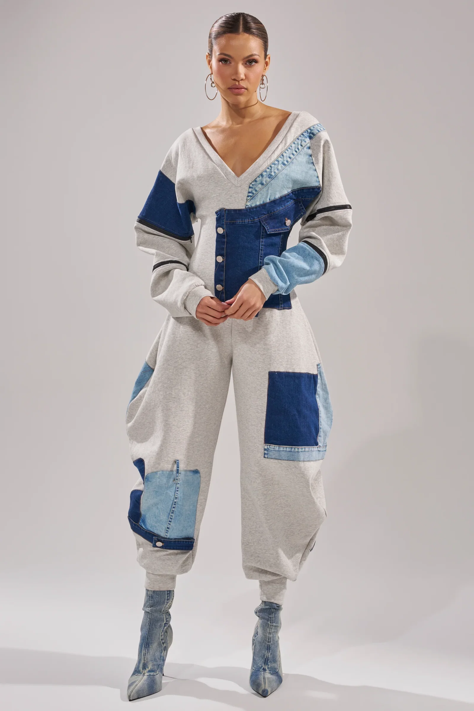 Image of COMFY COZY SWEATSHIRT JUMPSUIT IN PATCHWORK DENIM