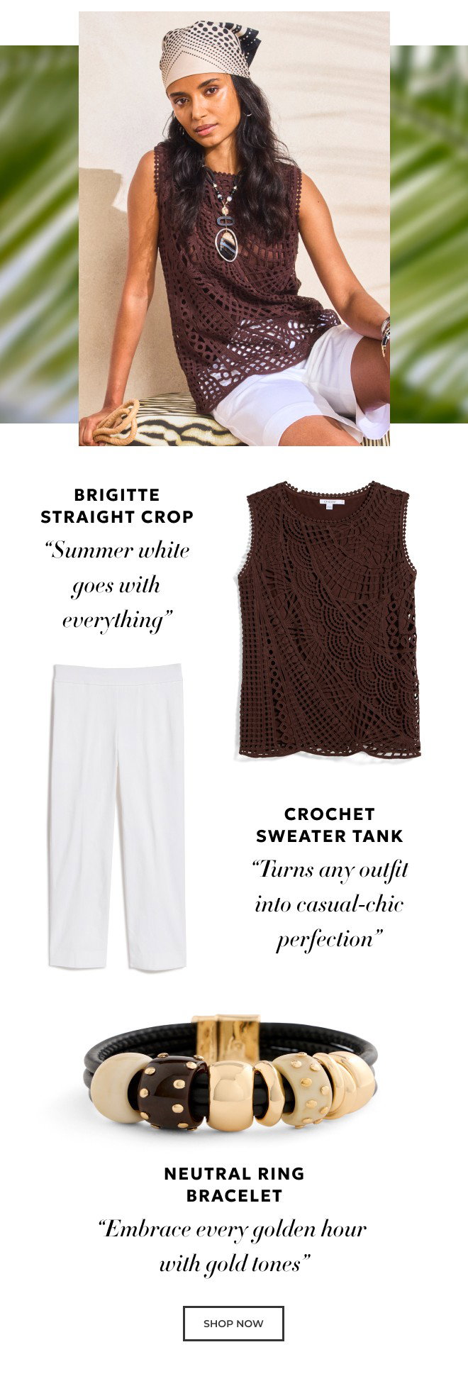 BRIGITTE STRAIGHT CROP CROCHET SWEATER TANK NEUTRAL RING BRACELET. SHOP NOW