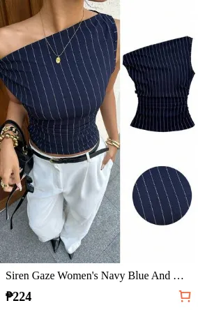 Siren Gaze Women's Navy Blue And White Striped Asymmetric Shoulder Pleated Blouse,Summer Casual Elegant Office Top,Old Money Style Work Wear Wedding Guest Outfit
