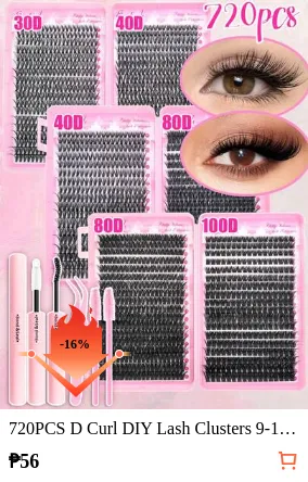 720PCS D Curl DIY Lash Clusters 9-16mm, Soft Wispy Individual Lashes, 30D/40D/80D Volume Cluster Lashes, Lightweight Mink-Like False Eyelashes, Natural To Dramatic Reusable Lash Extensions For Daily, Party & Makeup Looks