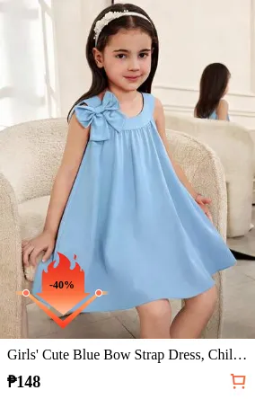 Girls' Cute Blue Bow Strap Dress, Children's Beach Holiday Bow Decor Dress