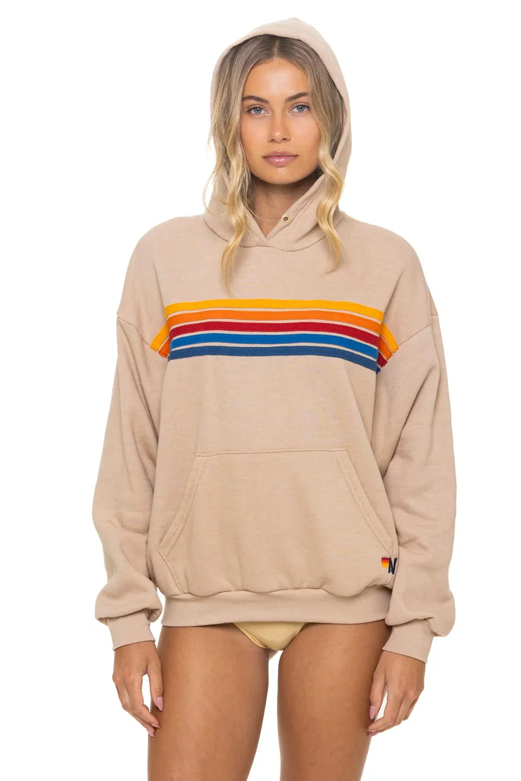 Image of 5 STRIPE RELAXED PULLOVER HOODIE - SAND