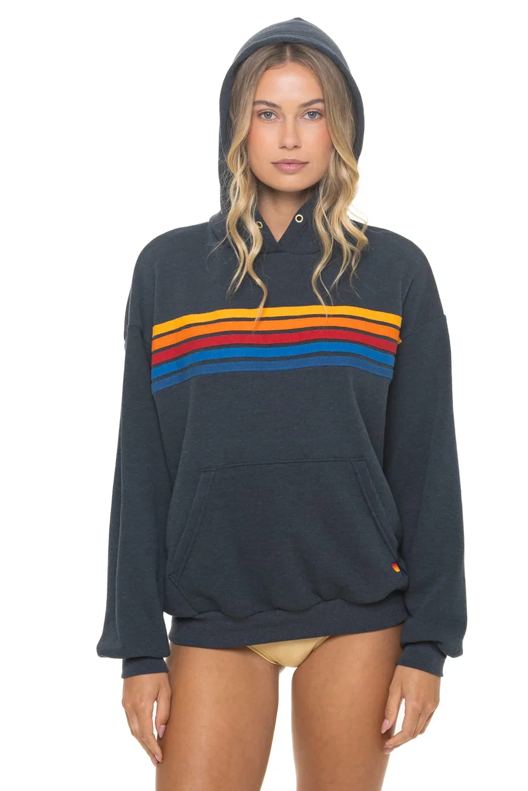 Image of 5 STRIPE RELAXED PULLOVER HOODIE - CHARCOAL