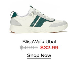 A side view of the BlissWalk Ubal Leather/Suede Slip-On in snow white/light grey/forest green which was $49.99 and is now $32.99 for a limited time. Shop Now.