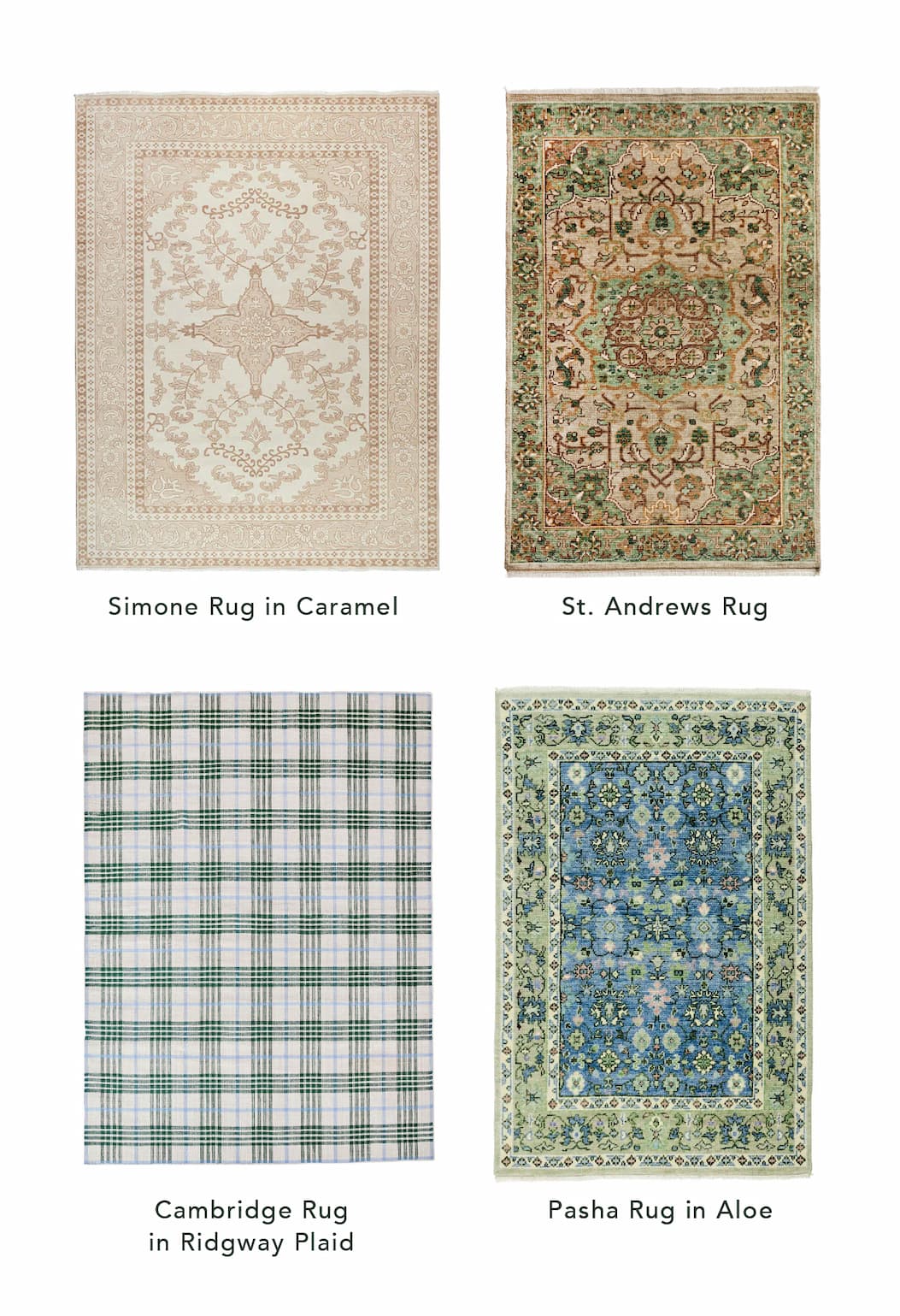 Simone Rug in Caramel, St. Andrews Rug, Cambridge Rug in Ridgway Plaid, Pasha Rug in Aloe