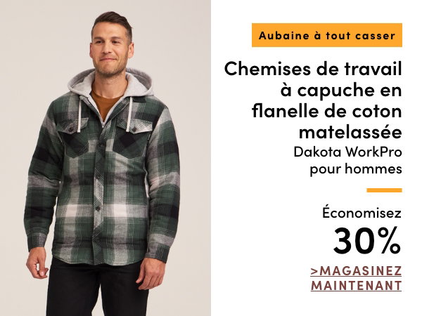 Aubaine à Tout Casser Chemises de travail à capuche en flanelle de coton matelassée Dakota WorkPro pour hommes économisez 30%