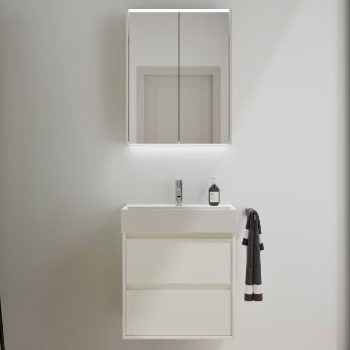 burgbad Devio Keramik-Waschtisch mit Unterschrank und LED-Spiegelschrank 60,5 cm, 2 Auszüge