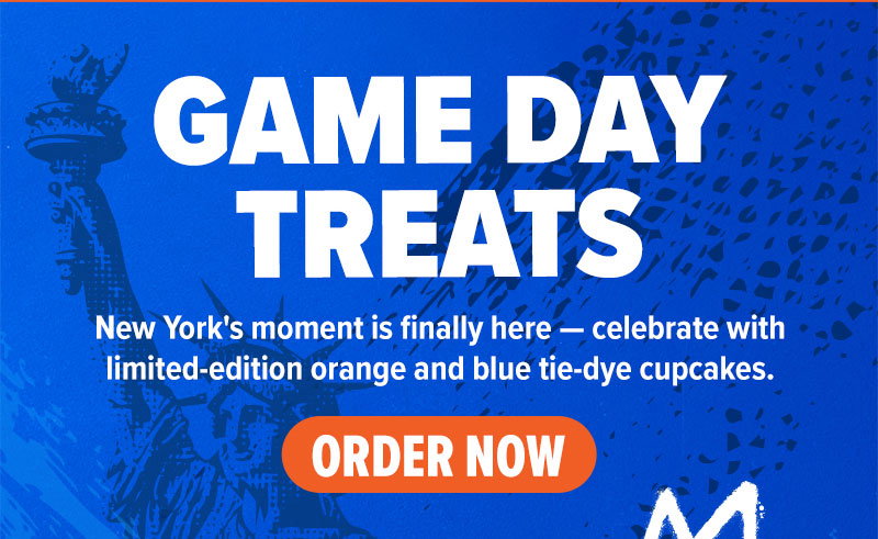 Game day treats! New York's moment is finally here - celebrate with limited-edition orange and blue tie-dye cupcakes. Order now!