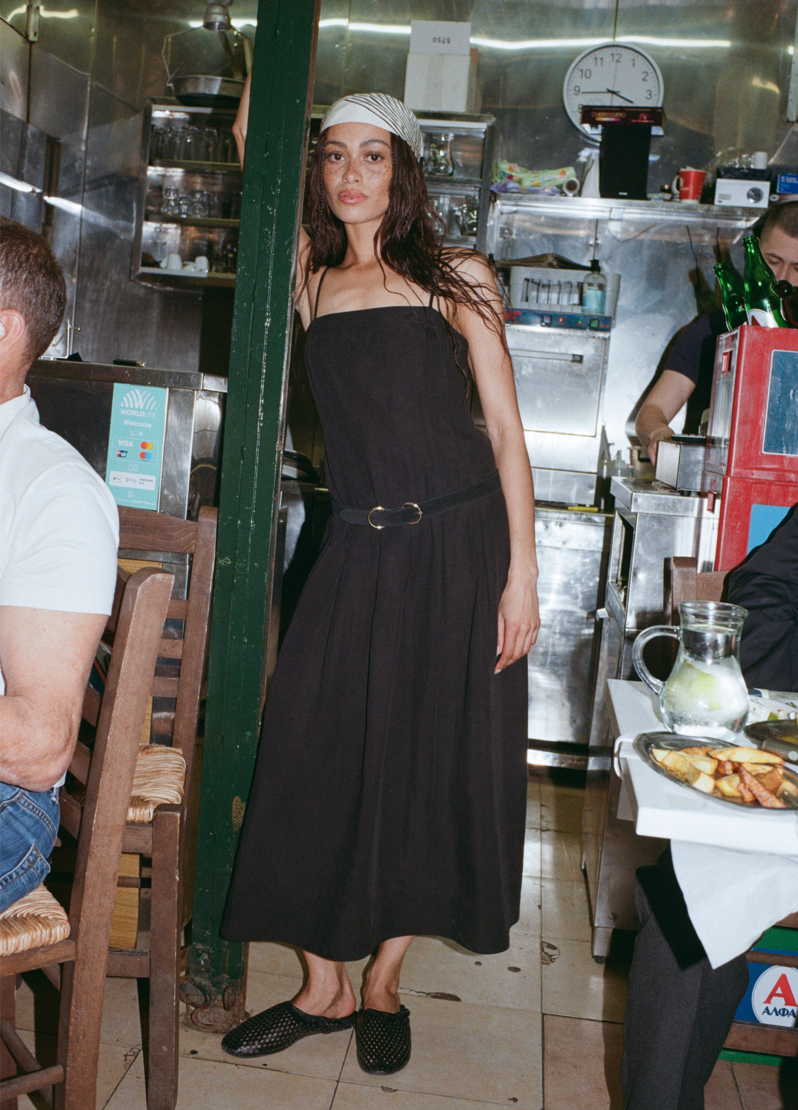 Black Linen Blend Waisted Midi Dress