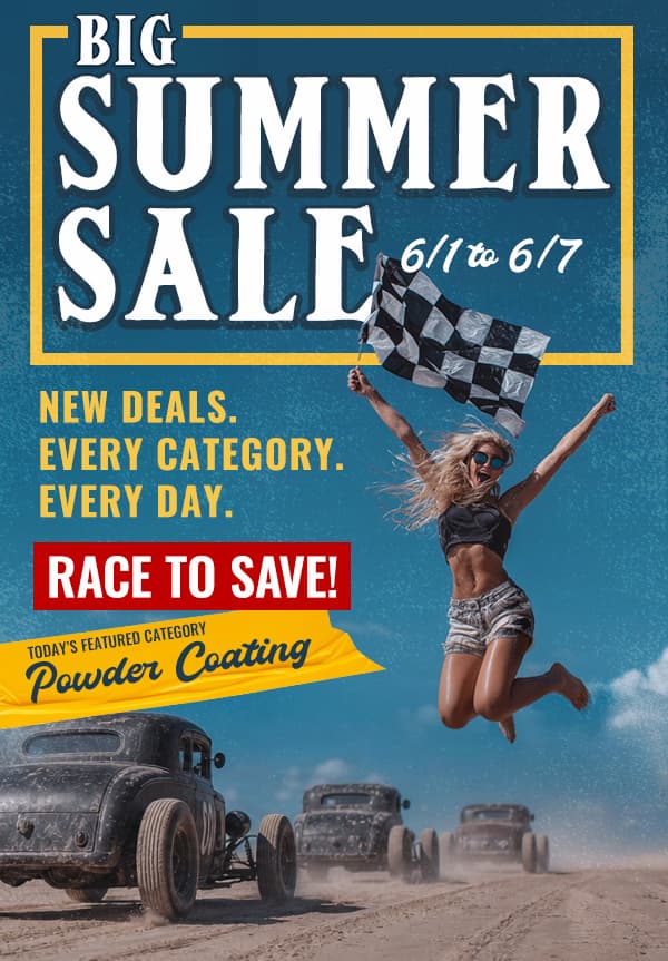 Big Summer Sale banner with daily deals, powder coating feature, race cars, and checkered flag.