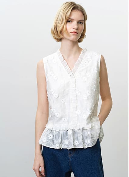 Vani Floral Embroidered Ruffle White Peplum Top