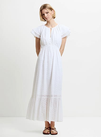 Bonnie Broderie Flutter Sleeve White Maxi Dress