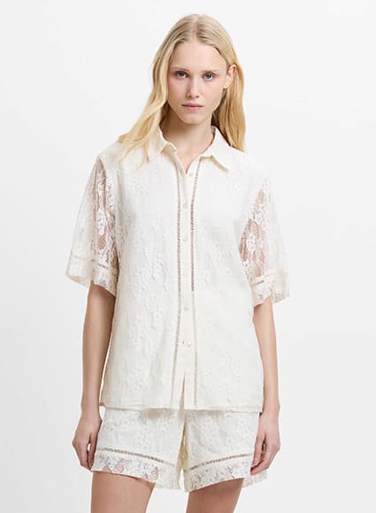 Zoe Lace Cream Short Sleeve Button Through Shirt