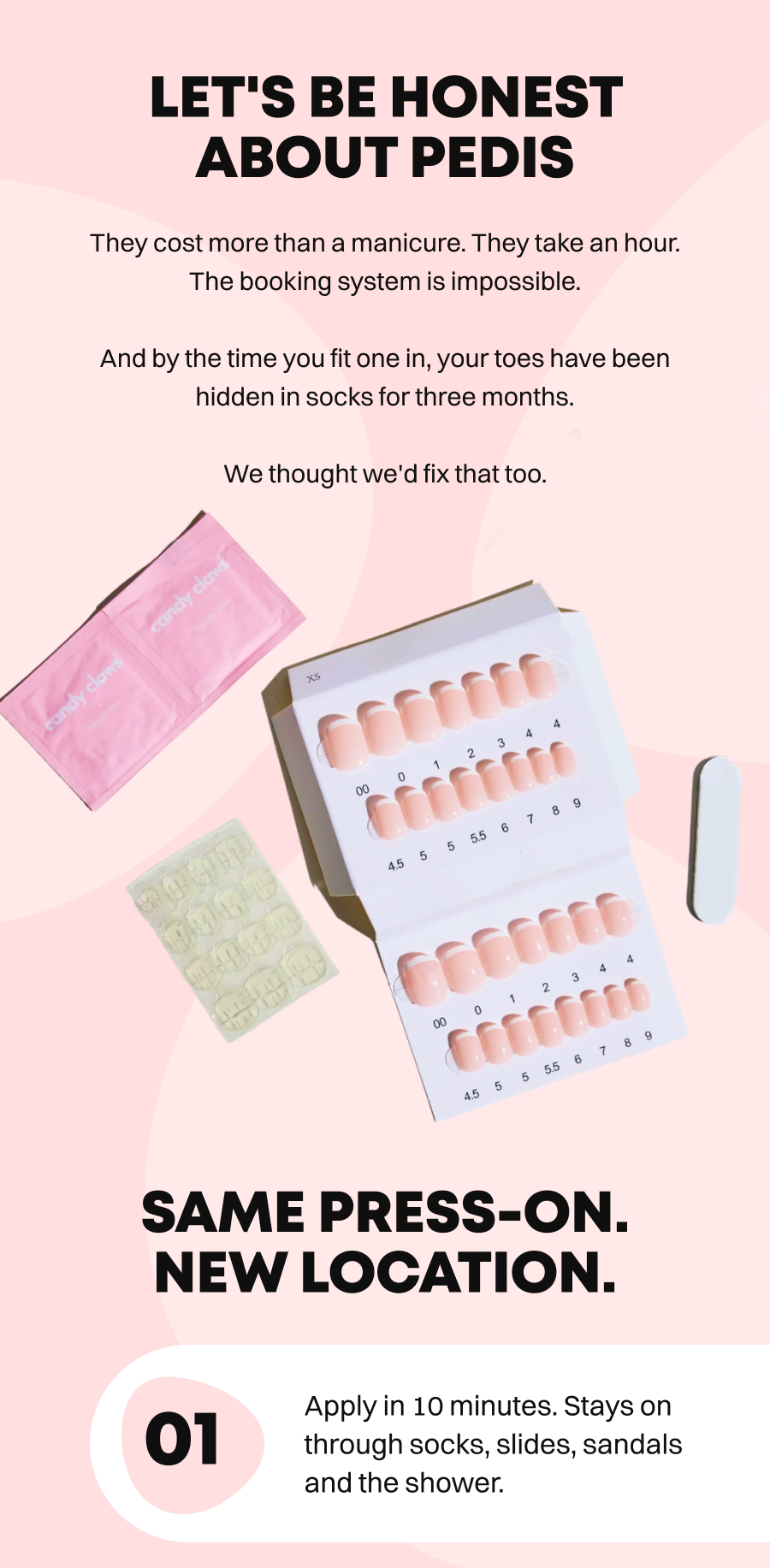 Pink background with text about pedicure challenges and product benefits, plus nail color chart