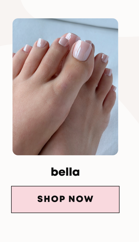 Feet with soft pink mauve toenails against light blue background, labeled bella