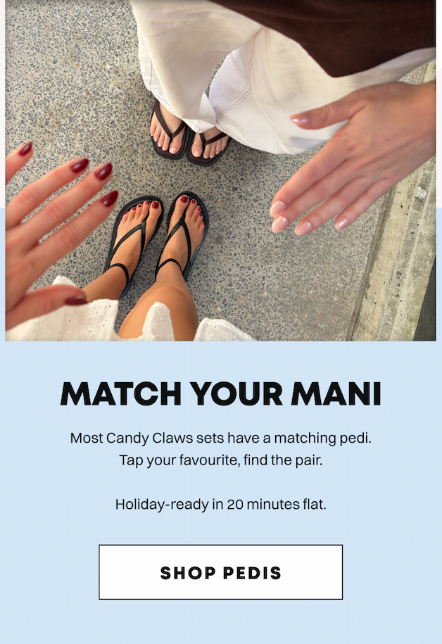 Two people in white pants showing matching manicures and pedicures with text about coordinating sets