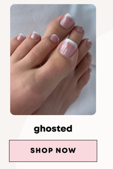 Feet with sheer pink toenails creating french tip effect against gray background, labeled ghosted