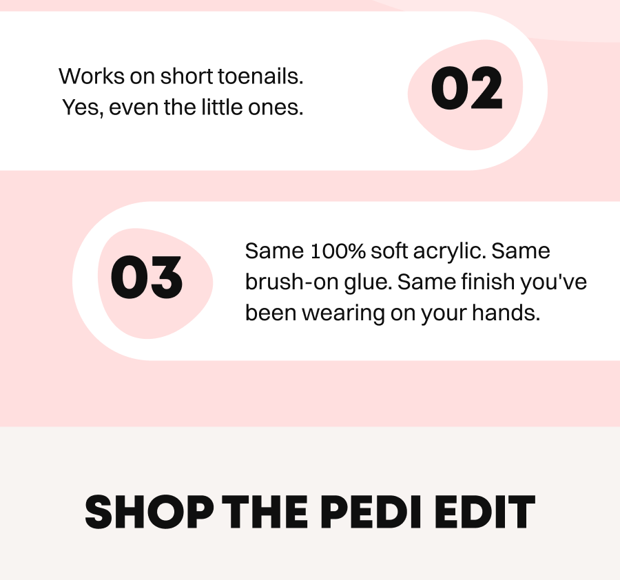 Pink section highlighting product features: works on short toenails and uses same acrylic formula