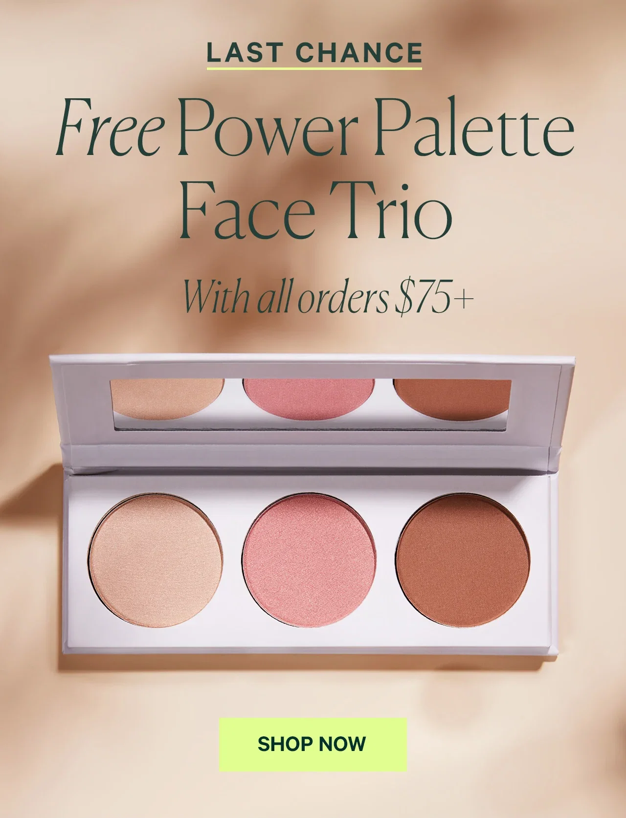 LAST CHANCE  Free Power Palette Face Trio With all orders $75+  SHOP NOW
