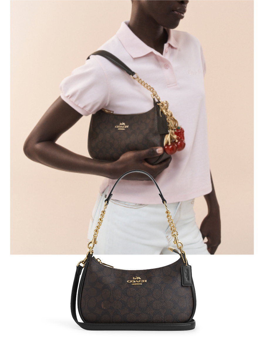 Teri Shoulder Bag In Signature Canvas Gold/Walnut/Black