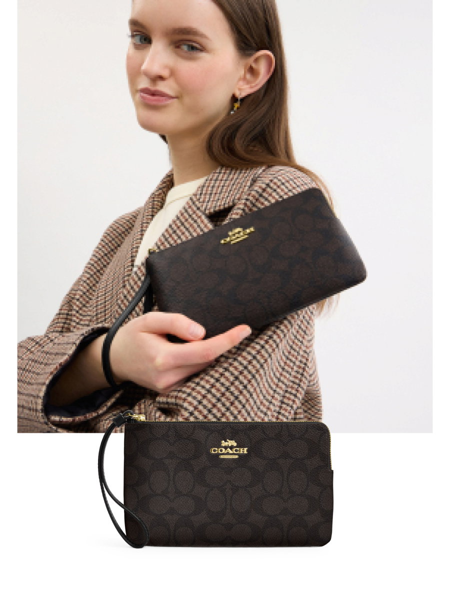 Large Corner Zip Wristlet Gold/Walnut/Black
