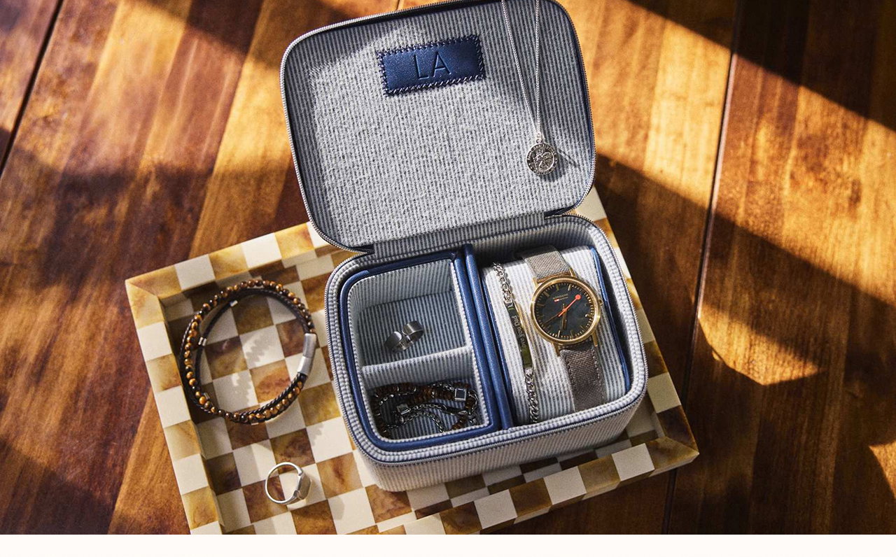 Men's Blue Stripe Rectangular Travel Jewellery Case